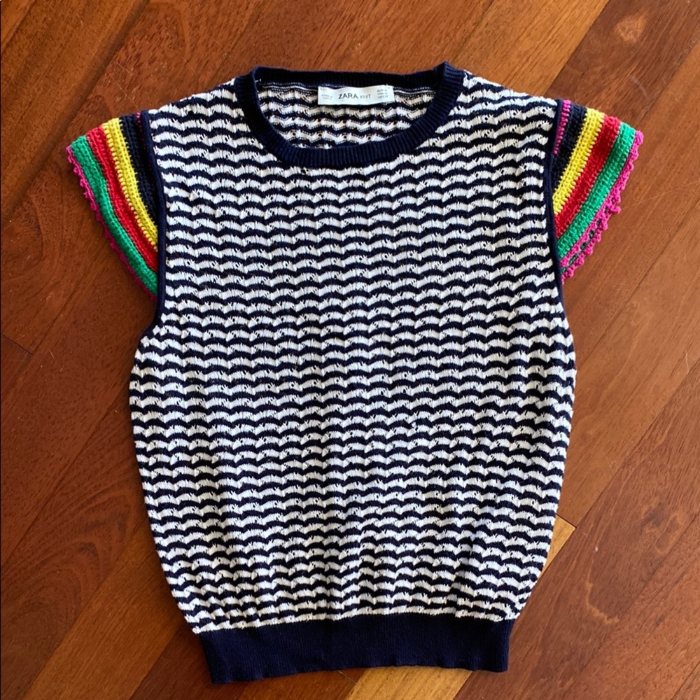 Zara Navy Blue and White Chevron Crochet top
